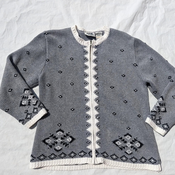 Vintage Northern Reflections Knit Cardigan Zip Up Sweater Grey White Black Small - Picture 2 of 7